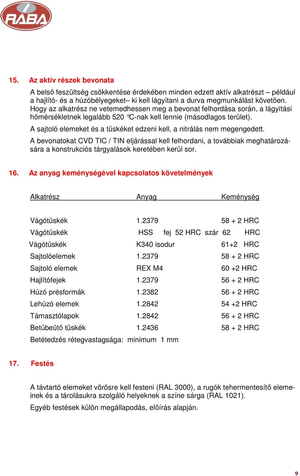 A sajtoló elemeket és a tüskéket edzeni kell, a nitrálás nem megengedett.