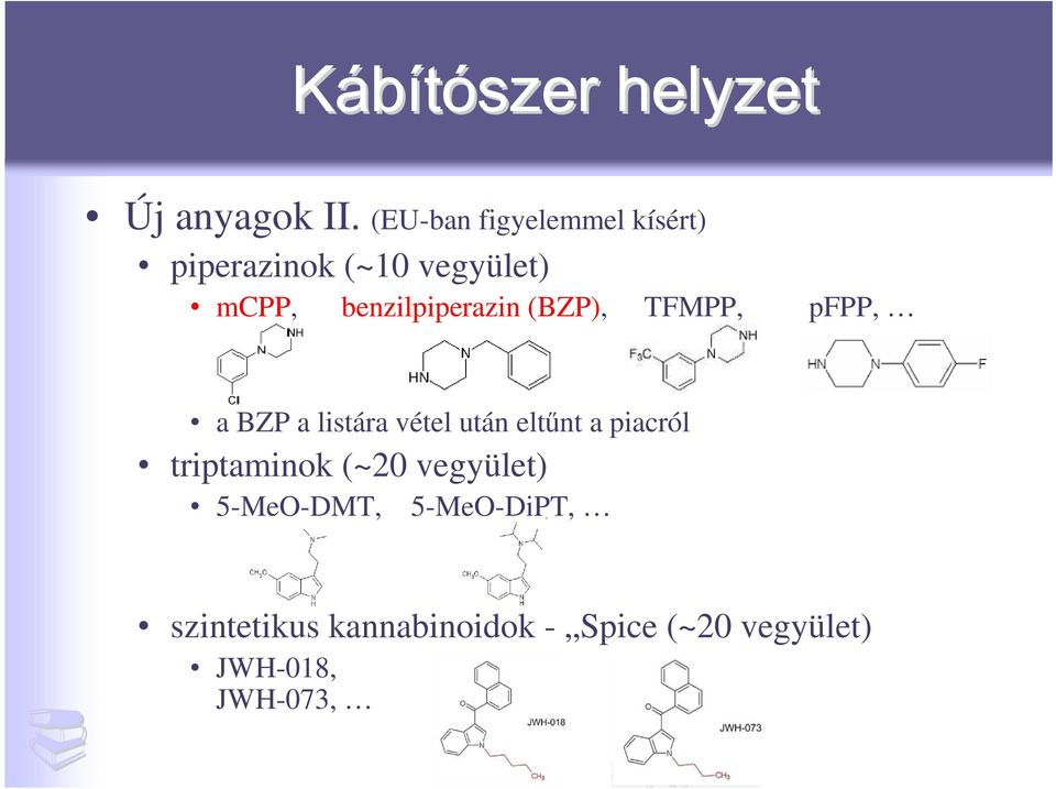 benzilpiperazin (BZP), TFMPP, pfpp, a BZP a listára vétel után eltőnt a