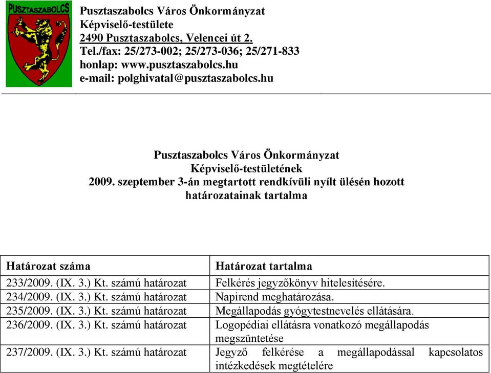 számú határozat Felkérés jegyzőkönyv hitelesítésére. 234/2009. (IX. 3.) Kt. számú határozat Napirend meghatározása. 235/2009. (IX. 3.) Kt. számú határozat Megállapodás gyógytestnevelés ellátására.