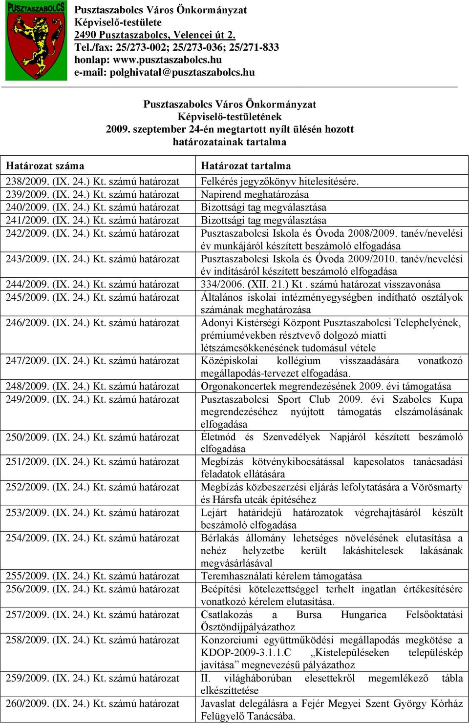 számú határozat Felkérés jegyzőkönyv hitelesítésére. 239/2009. (IX. 24.) Kt. számú határozat Napirend meghatározása 240/2009. (IX. 24.) Kt. számú határozat Bizottsági tag megválasztása 241/2009. (IX. 24.) Kt. számú határozat Bizottsági tag megválasztása 242/2009.