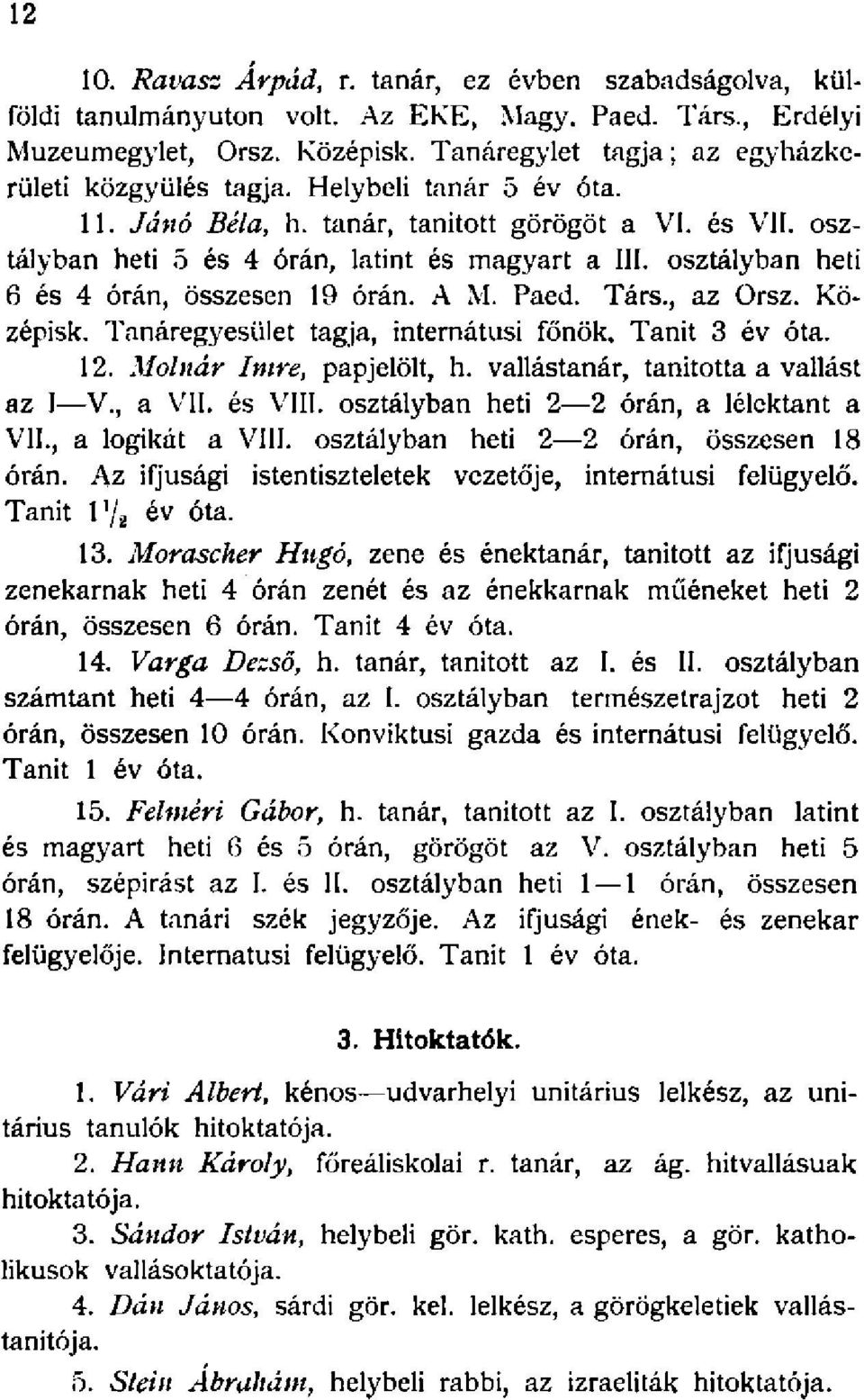 , az Orsz. Középisk. Tanáregyesület tagja, internátusi főnök. Tanit 3 év óta. 2. Mohtár Imre, papjelölt, h. vallástanár, tanította a vallást az I V., a VII. és VIII.