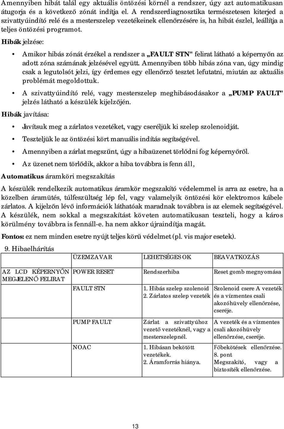 Hibák jelzése: Amikor hibás zónát érzékel a rendszer a FAULT STN" felirat látható a képernyőn az adott zóna számának jelzésével együtt.