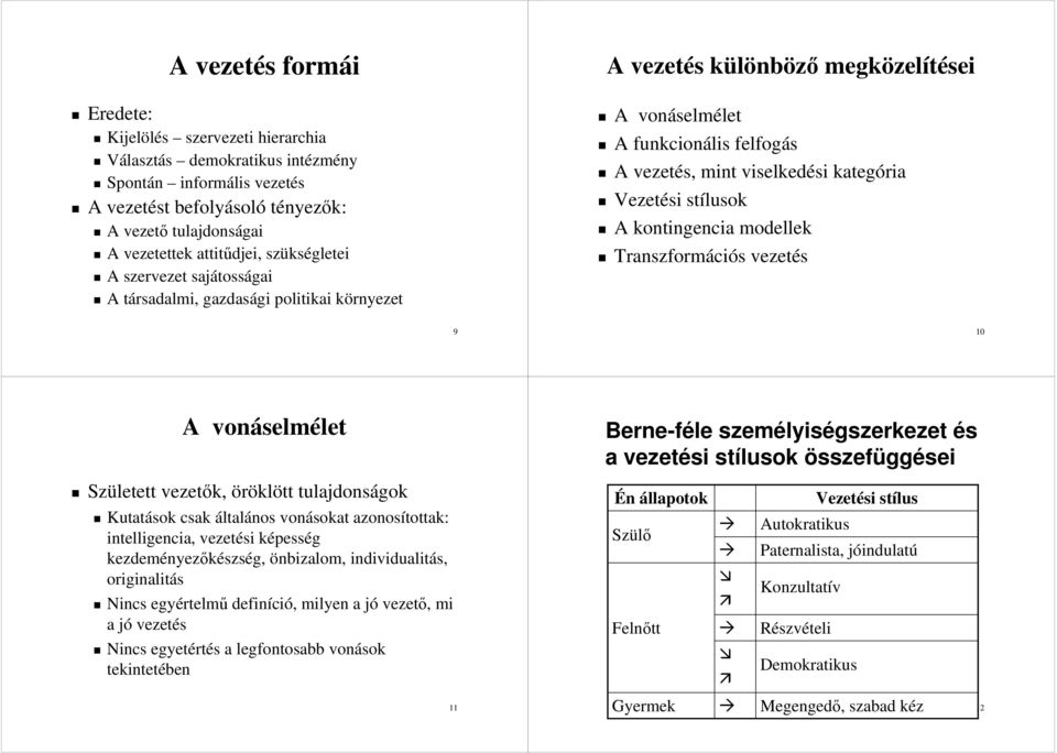A vezetés, mint viselkedési si kategória Vezetési stílusok A kontingencia modellek Transzformáci s s vezetés 9 10 A vonáselm selméletlet Született k, öröklött tulajdonságok Kutatások csak általános