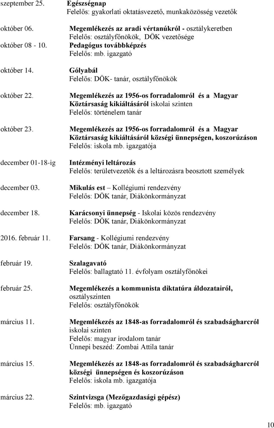 igazgató Gólyabál Felelős: DÖK- tanár, osztályfőnökök Megemlékezés az 1956-os forradalomról és a Magyar Köztársaság kikiáltásáról iskolai szinten Felelős: történelem tanár Megemlékezés az 1956-os
