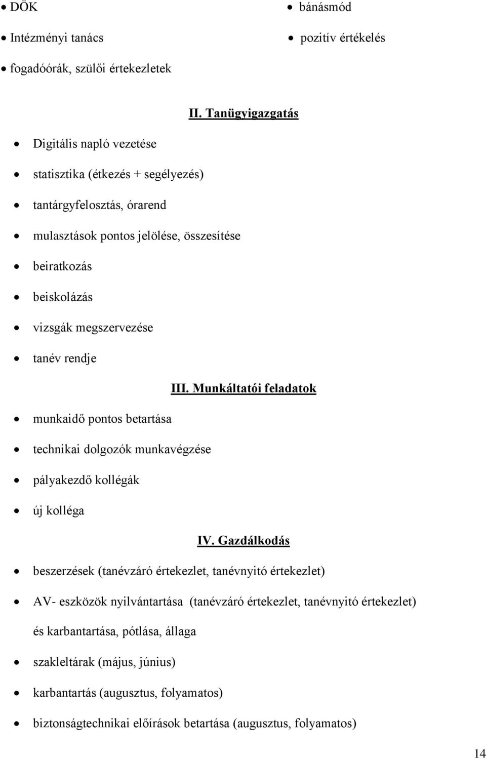 megszervezése tanév rendje III. Munkáltatói feladatok munkaidő pontos betartása technikai dolgozók munkavégzése pályakezdő kollégák új kolléga IV.