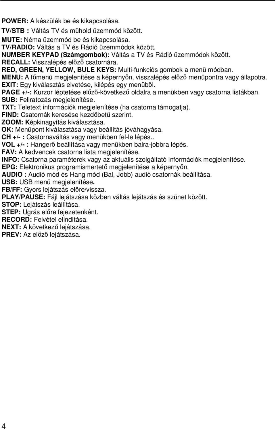 MENU: A főmenü megjelenítése a képernyőn, visszalépés előző menüpontra vagy állapotra. EXIT: Egy kiválasztás elvetése, kilépés egy menüből.