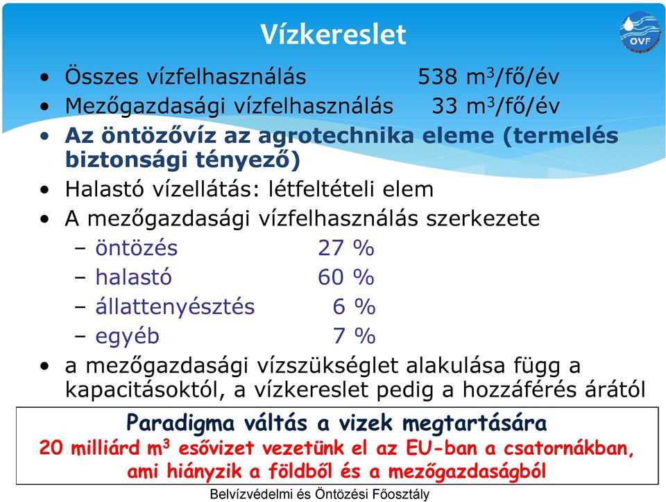 vízfelhasználás szerkezete öntözés 27 % halastó 60 % állattenyésztés 6 % egyéb 7 % a mezőgazdasági