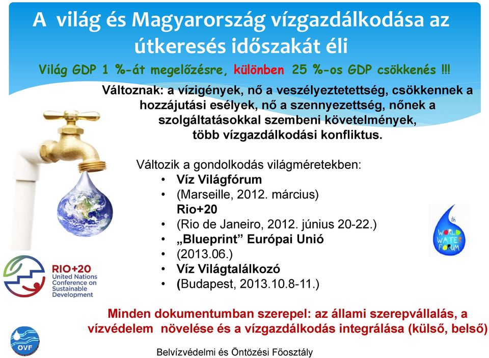 vízgazdálkodási konfliktus. Változik a gondolkodás világméretekben: Víz Világfórum (Marseille, 2012. március) Rio+20 (Rio de Janeiro, 2012. június 20-22.