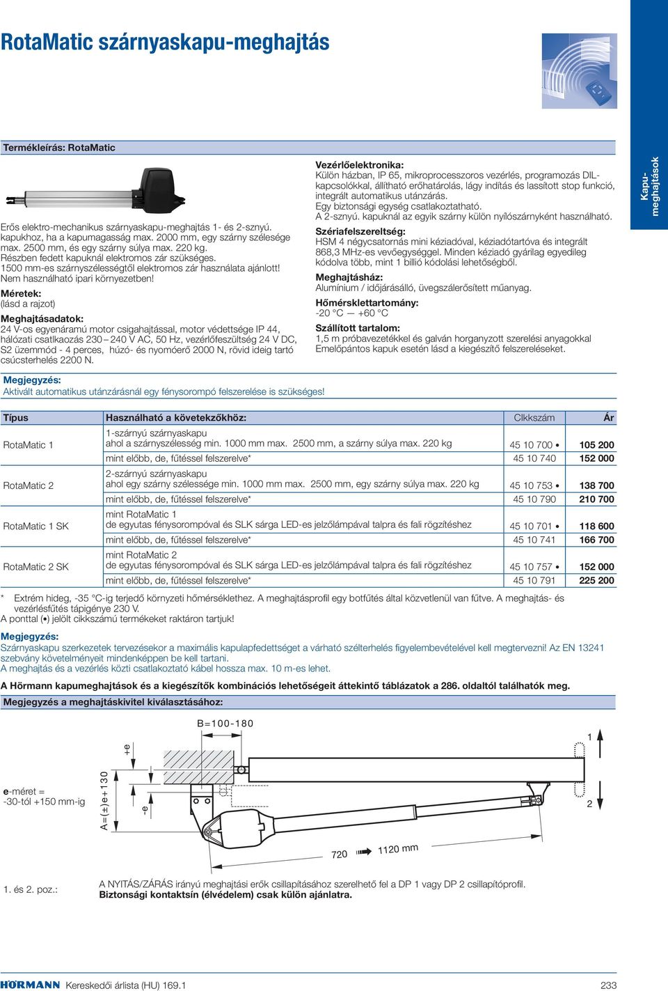 Méretek: (lásd a rajzot) Meghajtásadatok: 24 V-os egyenáramú motor csigahajtással, motor védettsége IP 44, hálózati csatlkaozás 230 240 V AC, 50 Hz, vezérlőfeszültség 24 V DC, S2 üzemmód - 4 perces,