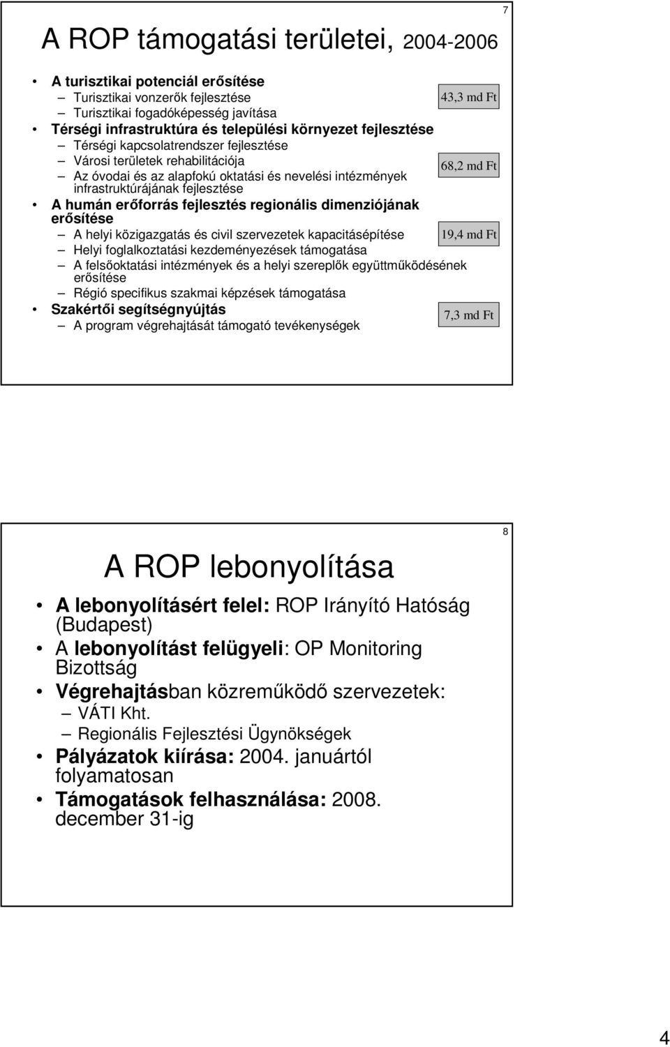 közigazgatás és civil szervezetek kapacitásépítése 19,4 md Ft Helyi foglalkoztatási kezdeményezések támogatása A felsıoktatási intézmények és a helyi szereplık együttmőködésének erısítése Régió