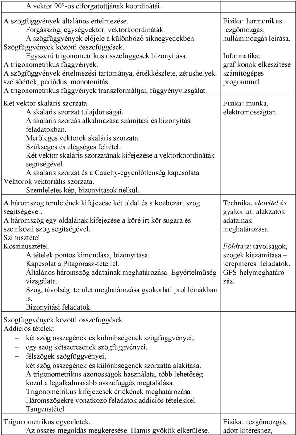 A szögfüggvények értelmezési tartománya, értékkészlete, zérushelyek, szélsőérték, periódus, monotonitás. A trigonometrikus függvények transzformáltjai, függvényvizsgálat. Két vektor skaláris szorzata.