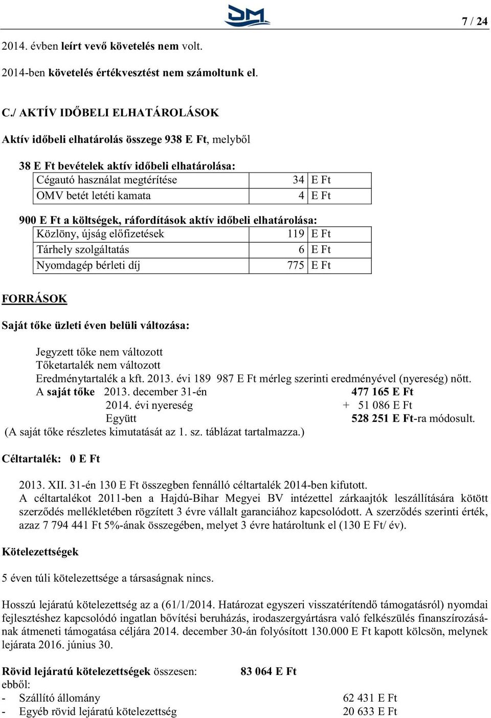 900 E Ft a költségek, ráfordítások aktív időbeli elhatárolása: Közlöny, újság előfizetések 119 E Ft Tárhely szolgáltatás 6 E Ft Nyomdagép bérleti díj 775 E Ft FORRÁSOK Saját tőke üzleti éven belüli
