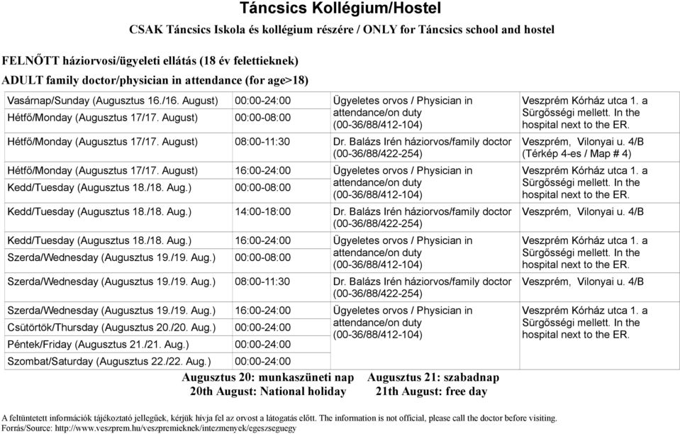 Balázs Irén háziorvos/family doctor (00-36/88/422-254) Veszprém, Vilonyai u. 4/B (Térkép 4-es / Map # 4) 14:00-18:00 Dr.