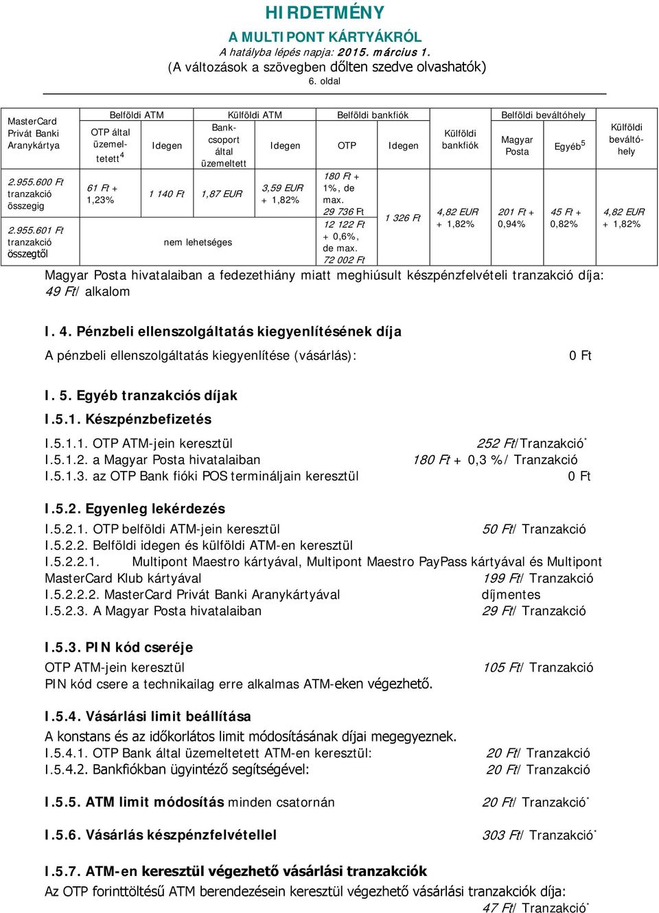 601 Ft tranzakció összegtől Belföldi ATM ATM Belföldi bankfiók OTP által Bankcsoport üzemeltetett 4 által Idegen Idegen OTP Idegen üzemeltett 61 Ft + 1,23% 1 140 Ft 1,87 EUR nem lehetséges 3,59 EUR