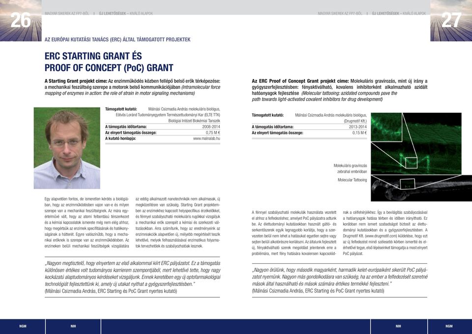 Málnási Csizmadia András molekuláris biológus, Eötvös Loránd Tudományegyetem Természettudományi Kar (ELTE TTK) biológiai Intézet Biokémiai Tanszék A támogatás időtartama: 2008-2014 Az elnyert