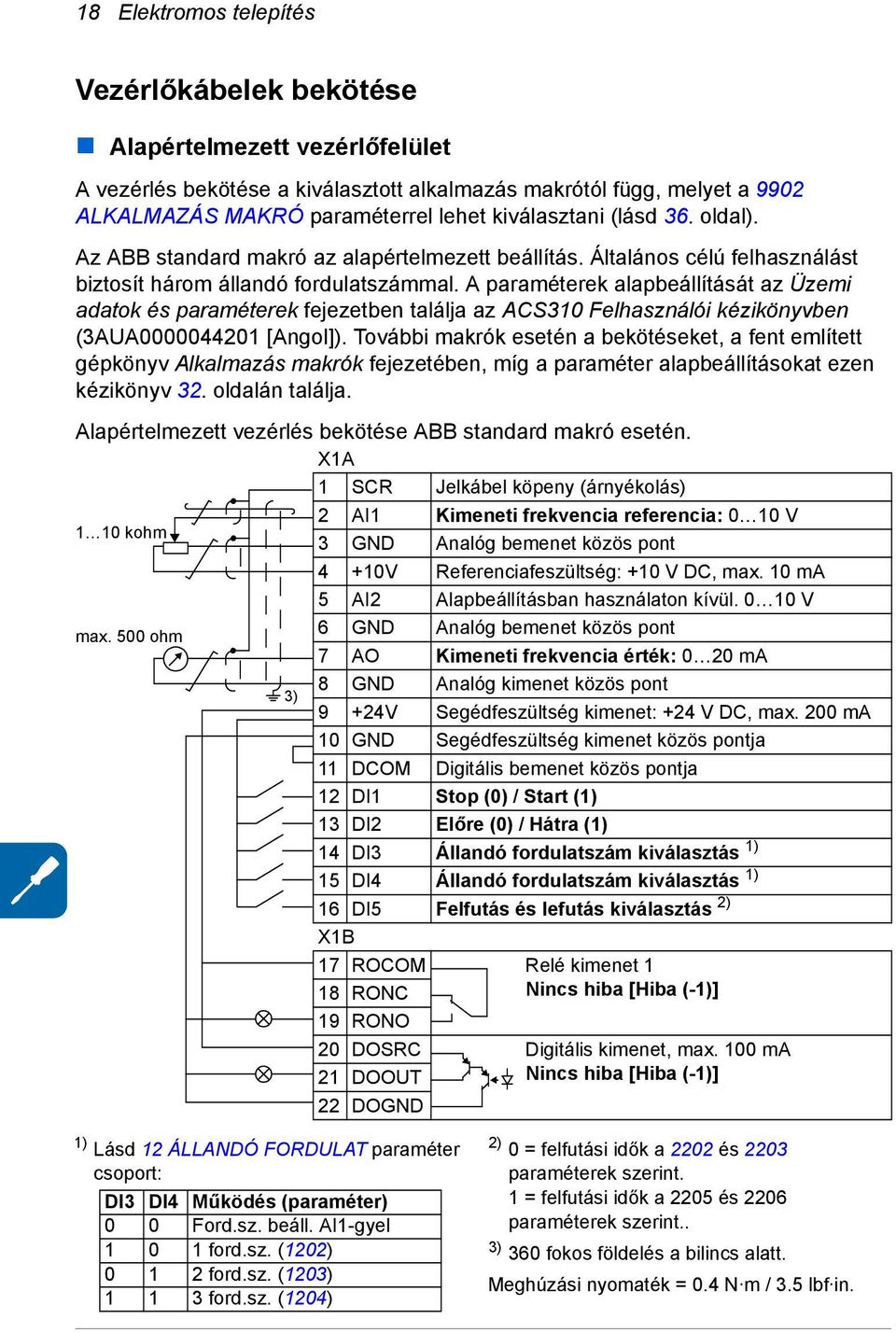 A paraméterek alapbeállítását az Üzemi adatok és paraméterek fejezetben találja az ACS310 Felhasználói kézikönyvben (3AUA0000044201 [Angol]).