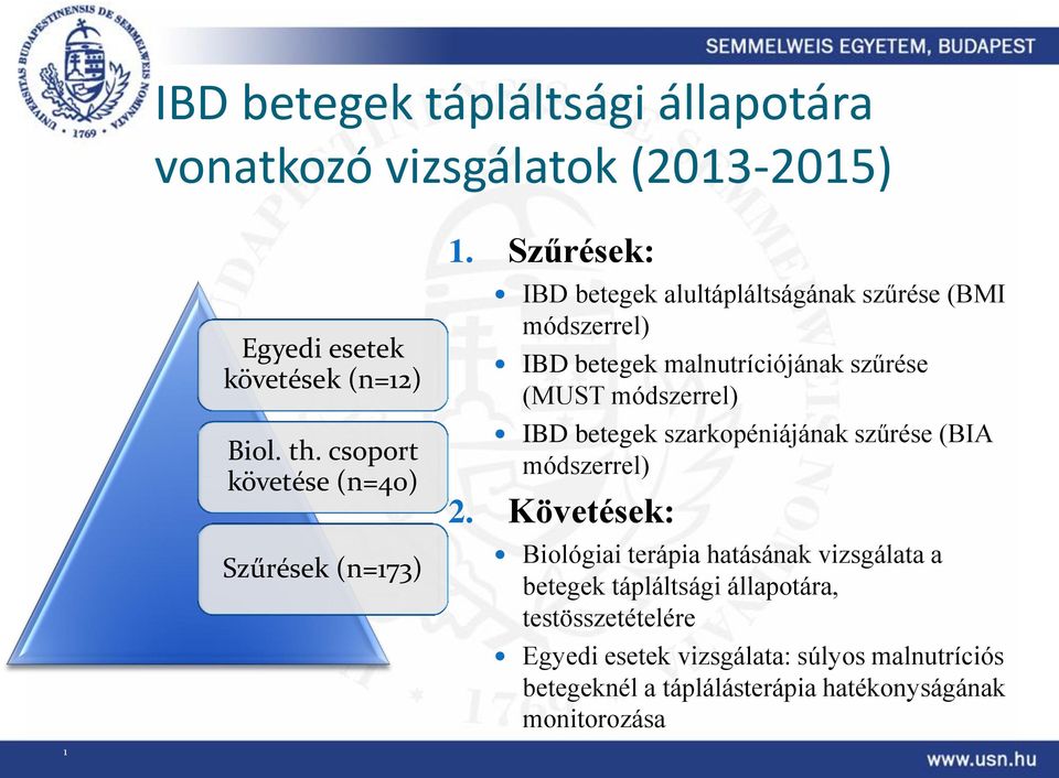 Szűrések: IBD betegek alultápláltságának szűrése (BMI módszerrel) IBD betegek malnutríciójának szűrése (MUST módszerrel) IBD betegek