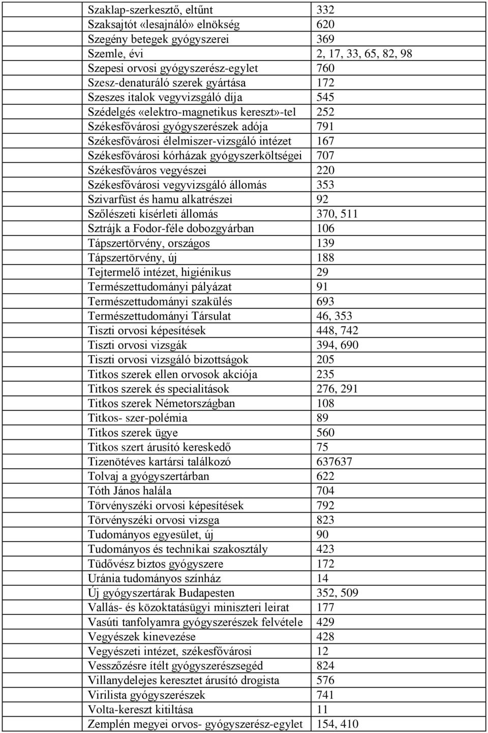 kórházak gyógyszerköltségei 707 Székesfőváros vegyészei 220 Székesfővárosi vegyvizsgáló állomás 353 Szivarfüst és hamu alkatrészei 92 Szőlészeti kísérleti állomás 370, 511 Sztrájk a Fodor-féle