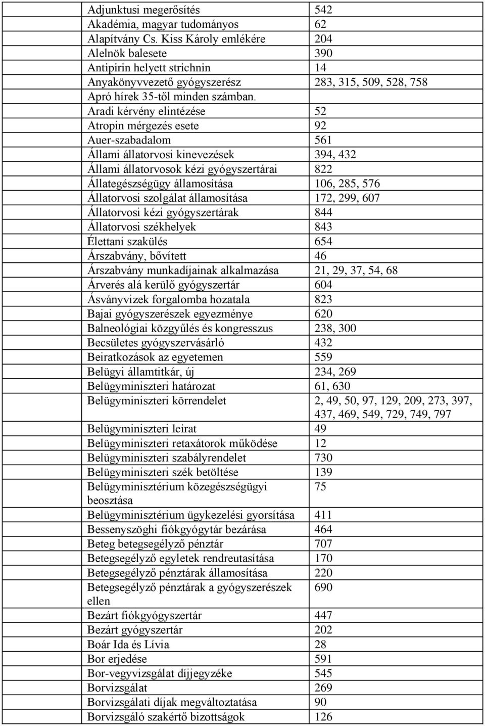 Aradi kérvény elintézése 52 Atropin mérgezés esete 92 Auer-szabadalom 561 Állami állatorvosi kinevezések 394, 432 Állami állatorvosok kézi gyógyszertárai 822 Állategészségügy államosítása 106, 285,