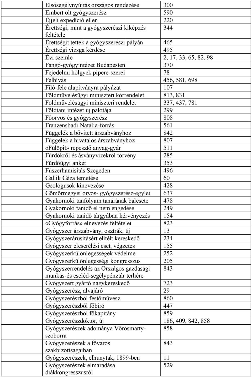 Földművelésügyi miniszteri körrendelet 813, 831 Földművelésügyi miniszteri rendelet 337, 437, 781 Földtani intézet új palotája 299 Főorvos és gyógyszerész 808 Franzensbadi Natália-forrás 561 Függelék