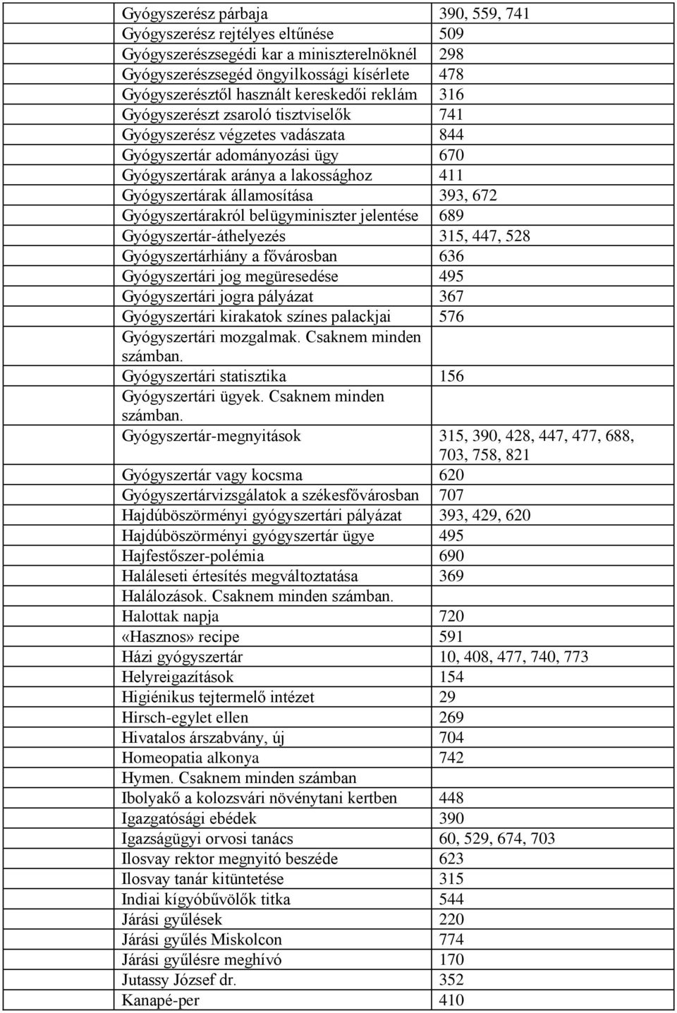 Gyógyszertárakról belügyminiszter jelentése 689 Gyógyszertár-áthelyezés 315, 447, 528 Gyógyszertárhiány a fővárosban 636 Gyógyszertári jog megüresedése 495 Gyógyszertári jogra pályázat 367