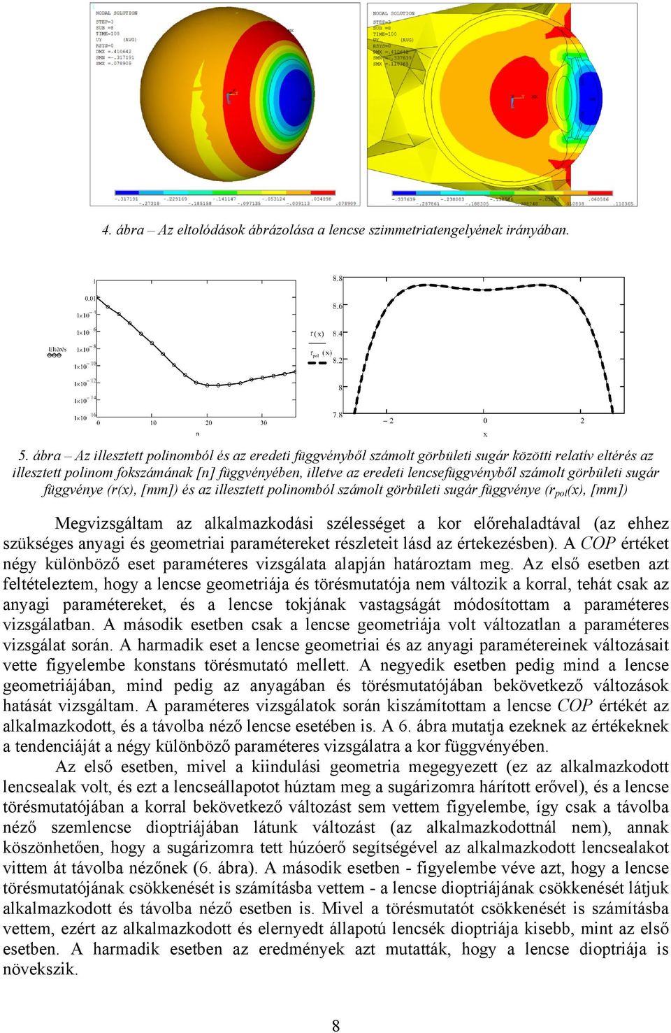 számolt görbületi sugár függvénye (r(x), [mm]) és az illesztett polinomból számolt görbületi sugár függvénye (r pol (x), [mm]) Megvizsgáltam az alkalmazkodási szélességet a kor előrehaladtával (az