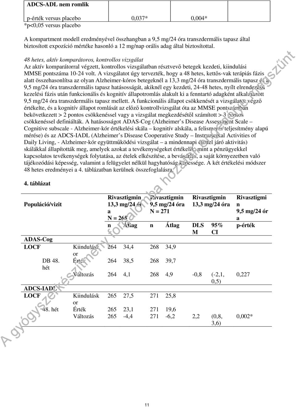 48 hetes, aktív komparátoros, kontrollos vizsgálat Az aktív komparátorral végzett, kontrollos vizsgálatban résztvevő betegek kezdeti, kiindulási MMSE pontszáma 10-24 volt.