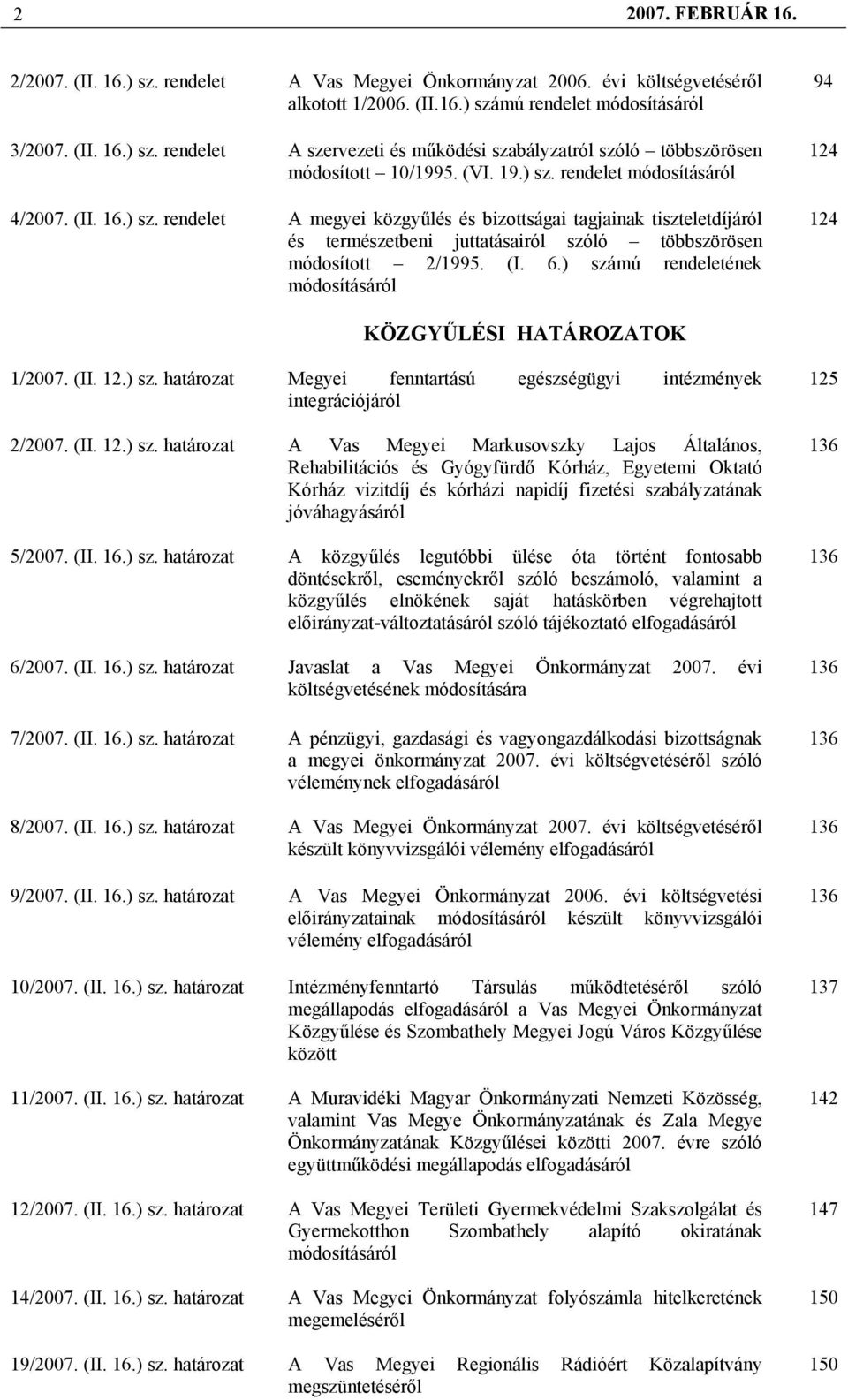 (I. 6.) számú rendeletének módosításáról 94 124 124 KÖZGYŰLÉSI HATÁROZATOK 1/2007. (II. 12.) sz. határozat Megyei fenntartású egészségügyi intézmények integrációjáról 2/2007. (II. 12.) sz. határozat A Vas Megyei Markusovszky Lajos Általános, Rehabilitációs és Gyógyfürdő Kórház, Egyetemi Oktató Kórház vizitdíj és kórházi napidíj fizetési szabályzatának jóváhagyásáról 5/2007.