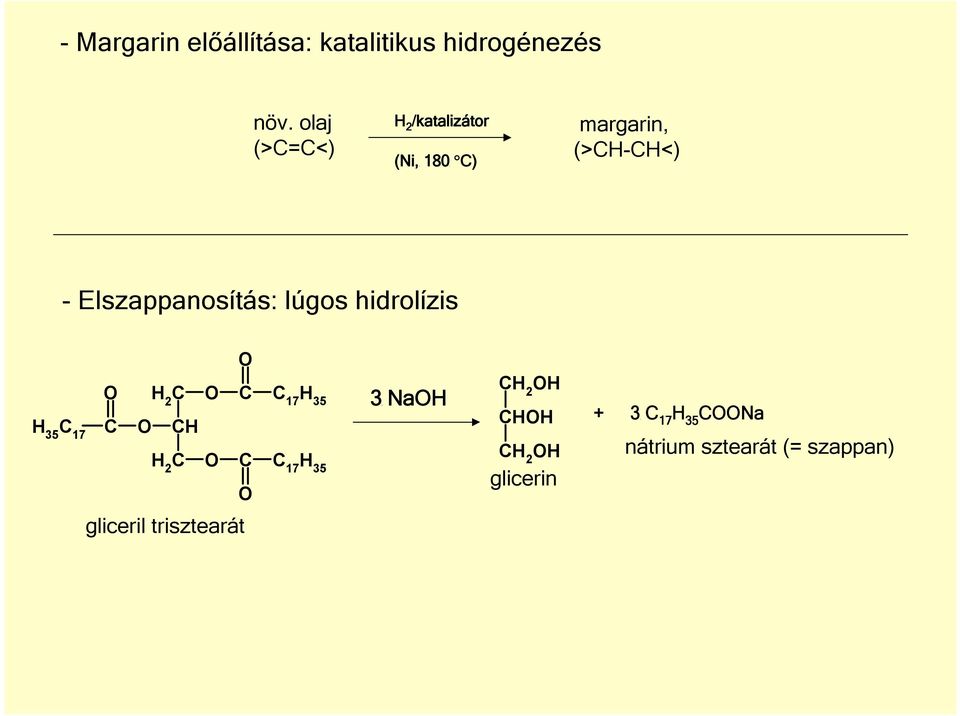 Elszappanosítás: lúgos hidrolízis H 2 17 H 35 H 35 17 H H 2 17 H 35