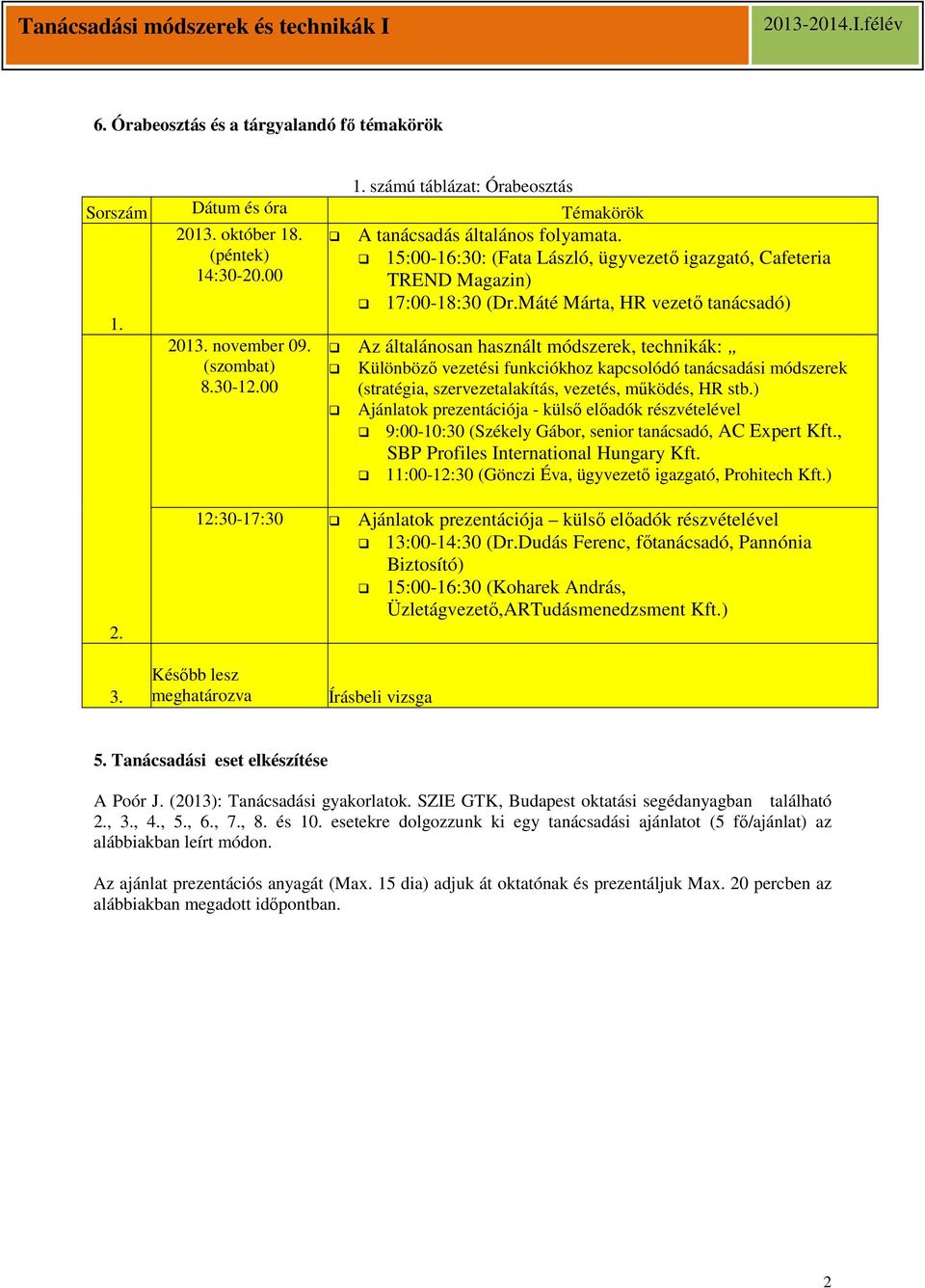 Az általánosan használt módszerek, technikák: (szombat) Különböző vezetési funkciókhoz kapcsolódó tanácsadási módszerek 8.30-12.00 (stratégia, szervezetalakítás, vezetés, működés, HR stb.