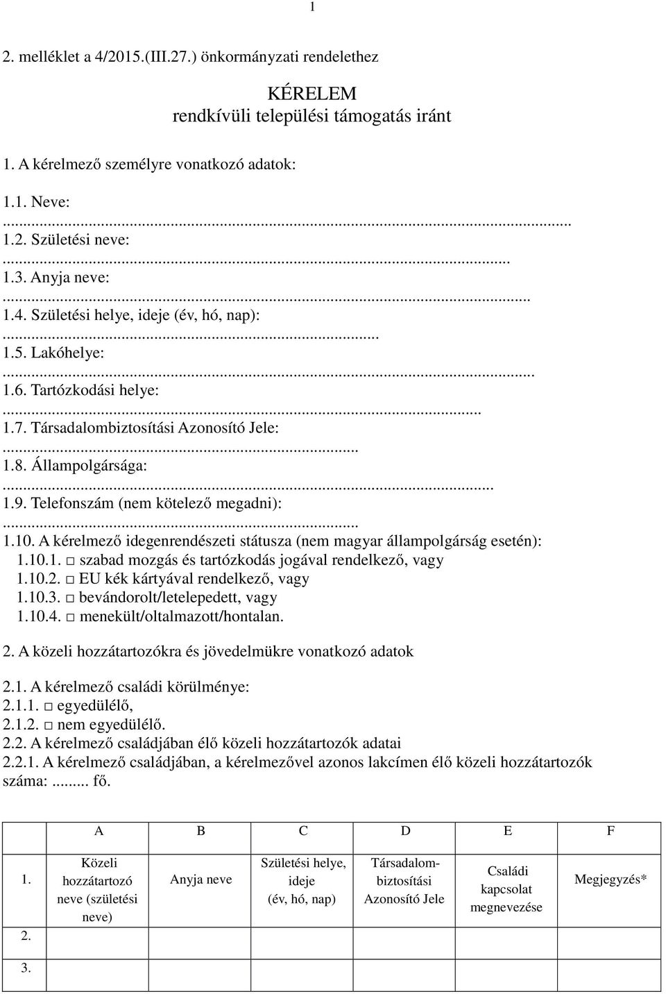 Telefonszám (nem kötelező megadni):... 1.10. A kérelmező idegenrendészeti státusza (nem magyar állampolgárság esetén): 1.10.1. szabad mozgás és tartózkodás jogával rendelkező, vagy 1.10.2.
