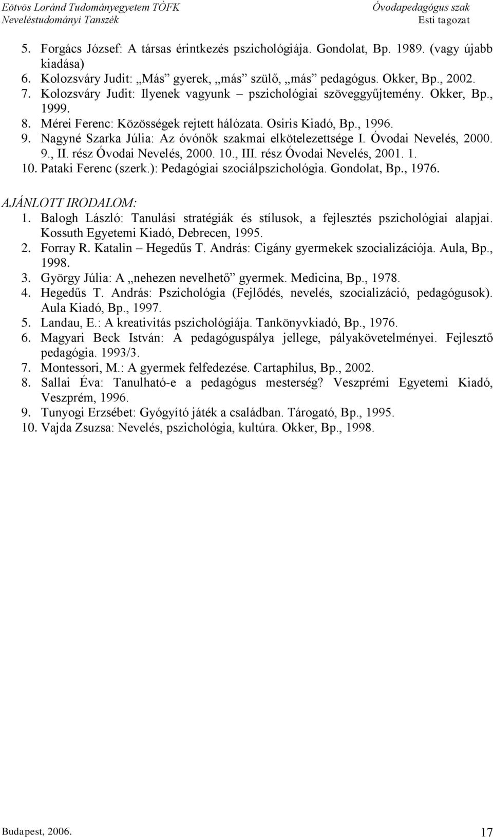 Nagyné Szarka Júlia: Az óvónők szakmai elkötelezettsége I. Óvodai Nevelés, 2000. 9., II. rész Óvodai Nevelés, 2000. 10., III. rész Óvodai Nevelés, 2001. 1. 10. Pataki Ferenc (szerk.