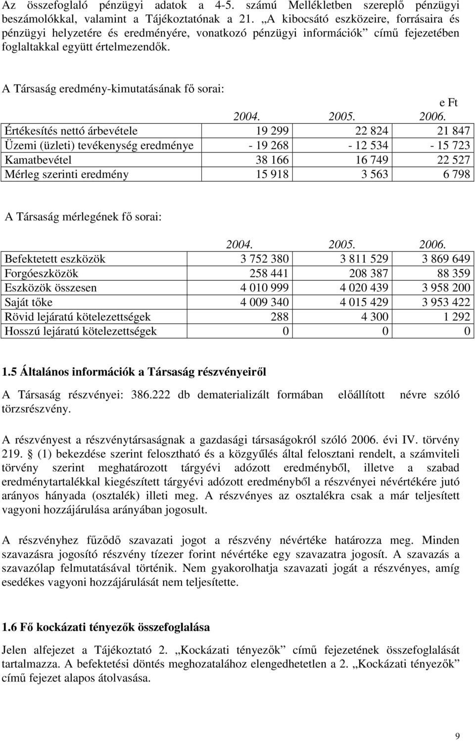 A Társaság eredmény-kimutatásának fı sorai: e Ft 2004. 2005. 2006.