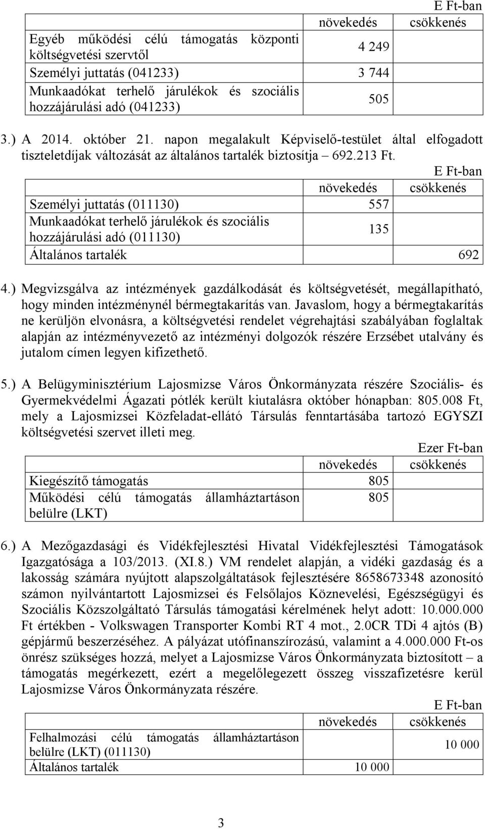 E Ft-ban Személyi juttatás (011130) 557 Munkaadókat terhelő járulékok és szociális 135 hozzájárulási adó (011130) Általános tartalék 692 4.