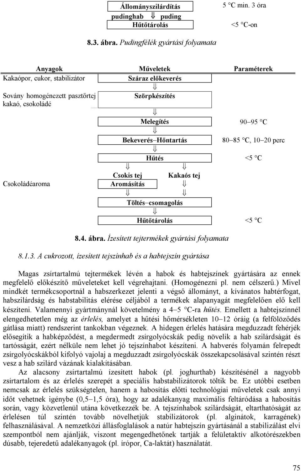 Hőntartás 8085 C, 1020 perc Hűtés <5 C Csokis tej Kakaós tej Csokoládéaroma Aromásítás Töltés csomagolás Hűtőtárolás <5 C 8.4. ábra. Ízesített tejtermékek gyártási folyamata 8.1.3.