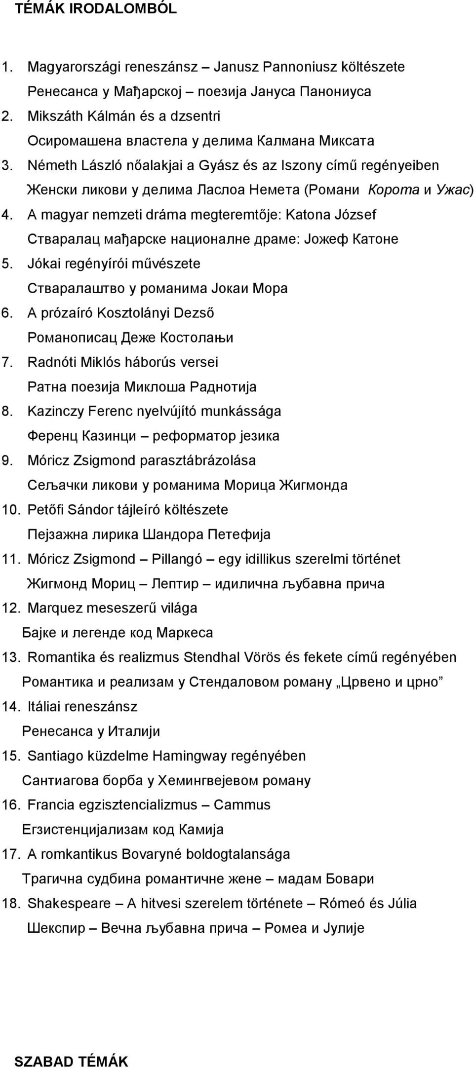 A magyar nemzeti dráma megteremtője: Katona József Стваралац мађарске националне драме: Јожеф Катоне 5. Jókai regényírói művészete Стваралаштво у романима Јокаи Мора 6.