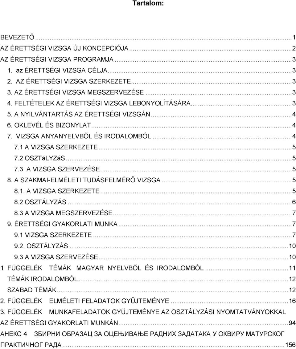 VIZSGA ANYANYELVBŐL ÉS IRODALOMBÓL... 4 7. А VIZSGA SZERKEZETE... 5 7. ОSZTáLYZáS... 5 7.3 А VIZSGA SZERVEZÉSE... 5 8. A SZAKMAI-ELMÉLETI TUDÁSFELMÉRŐ VIZSGA... 5 8.. А VIZSGA SZERKEZETE... 5 8. ОSZTÁLYZÁS.