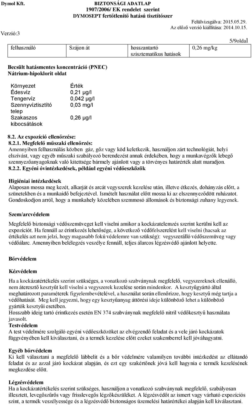 μg/l 0,042 μg/l 0,03 mg/l 0,26 μg/l 8.2. Az expozíció ellenőrzése: 8.2.1.