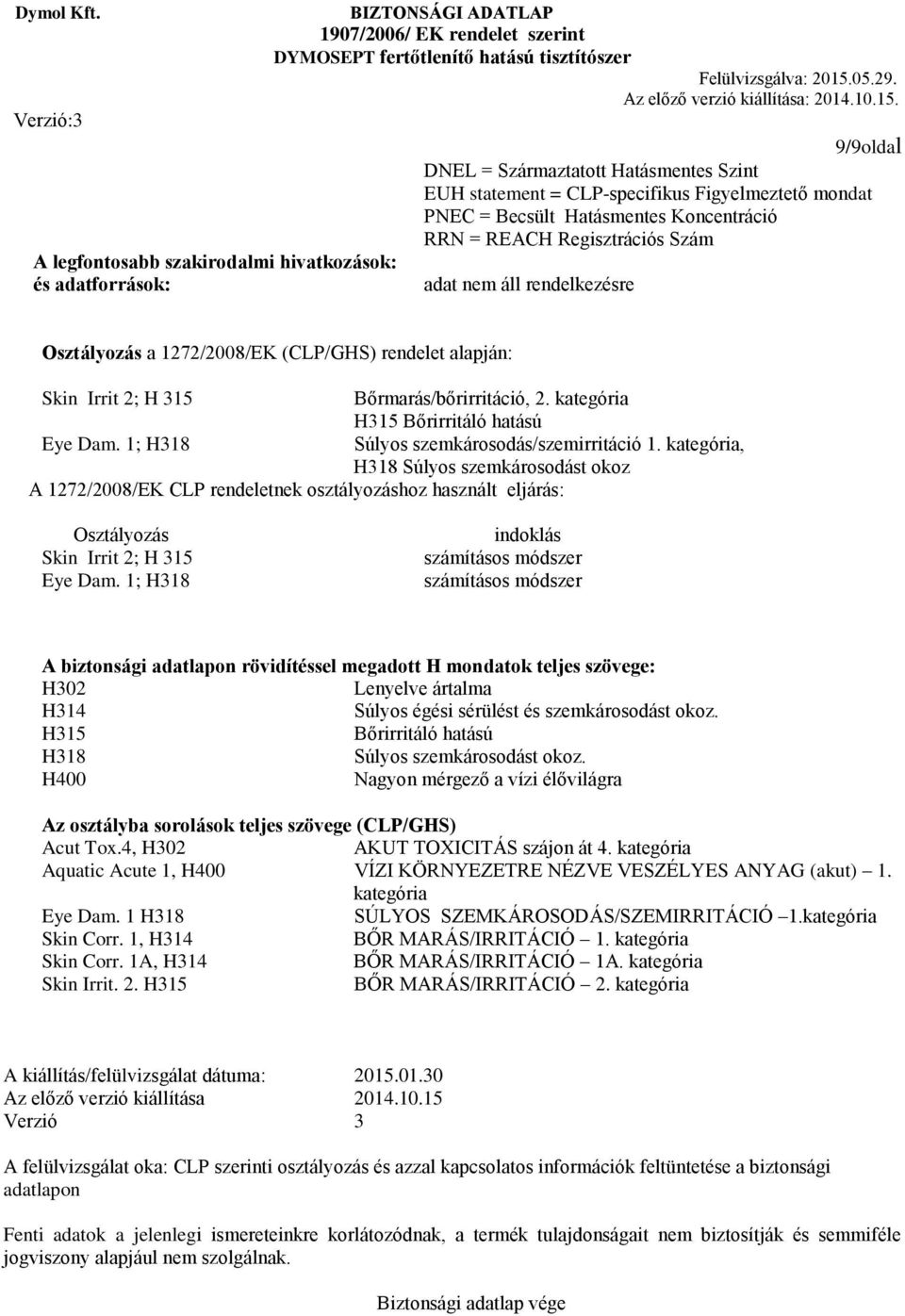 kategória H315 Bőrirritáló hatású Eye Dam. 1; H318 Súlyos szemkárosodás/szemirritáció 1.