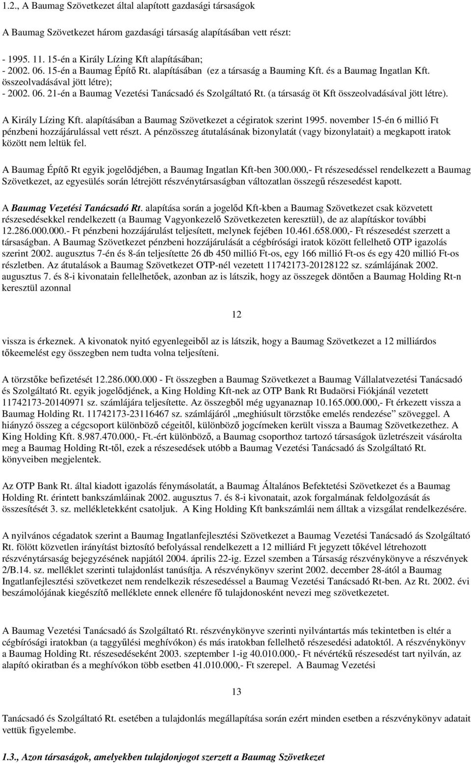 (a társaság öt Kft összeolvadásával jött létre). A Király Lízing Kft. alapításában a Baumag Szövetkezet a cégiratok szerint 1995. november 15-én 6 millió Ft pénzbeni hozzájárulással vett részt.