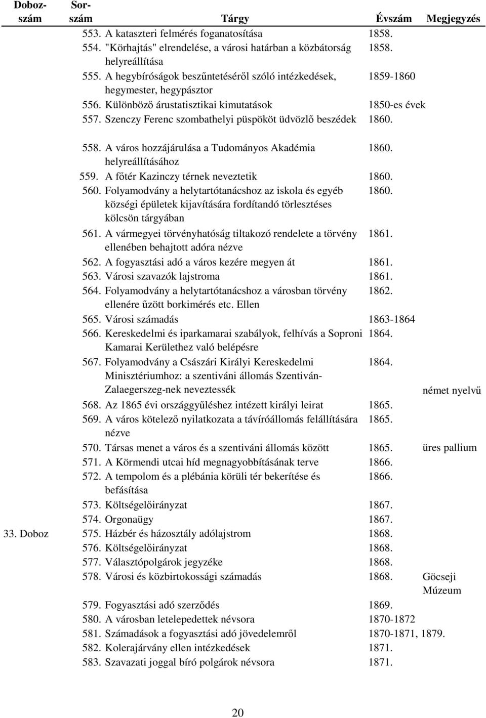 Szenczy Ferenc szombathelyi püspököt üdvözlő beszédek 1860. 558. A város hozzájárulása a Tudományos Akadémia 1860. helyreállításához 559. A főtér Kazinczy térnek neveztetik 1860. 560.
