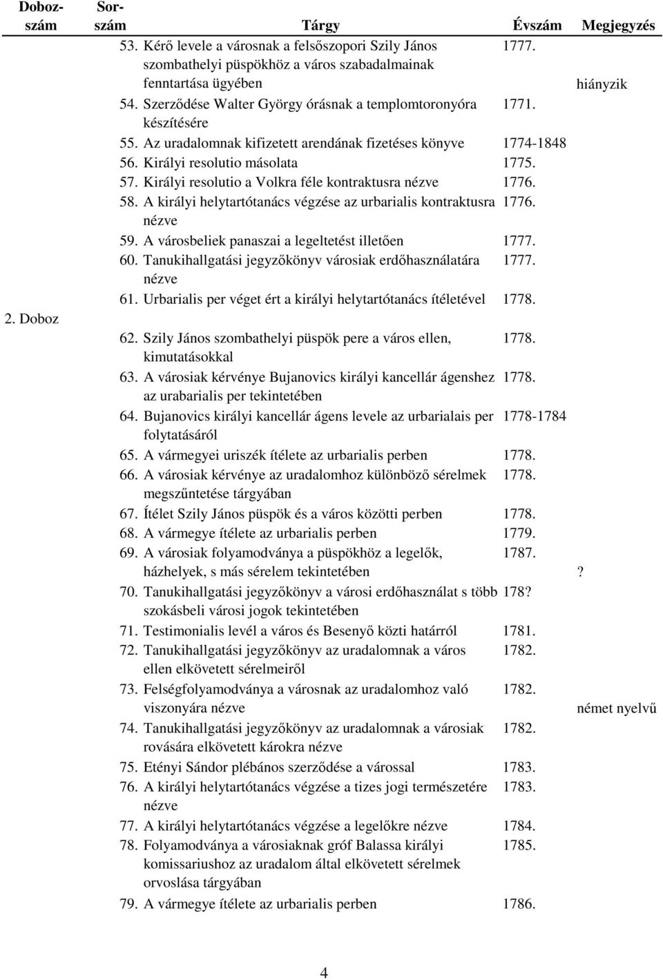 Királyi resolutio a Volkra féle kontraktusra nézve 1776. 58. A királyi helytartótanács végzése az urbarialis kontraktusra 1776. nézve 59. A városbeliek panaszai a legeltetést illetően 1777. 60.