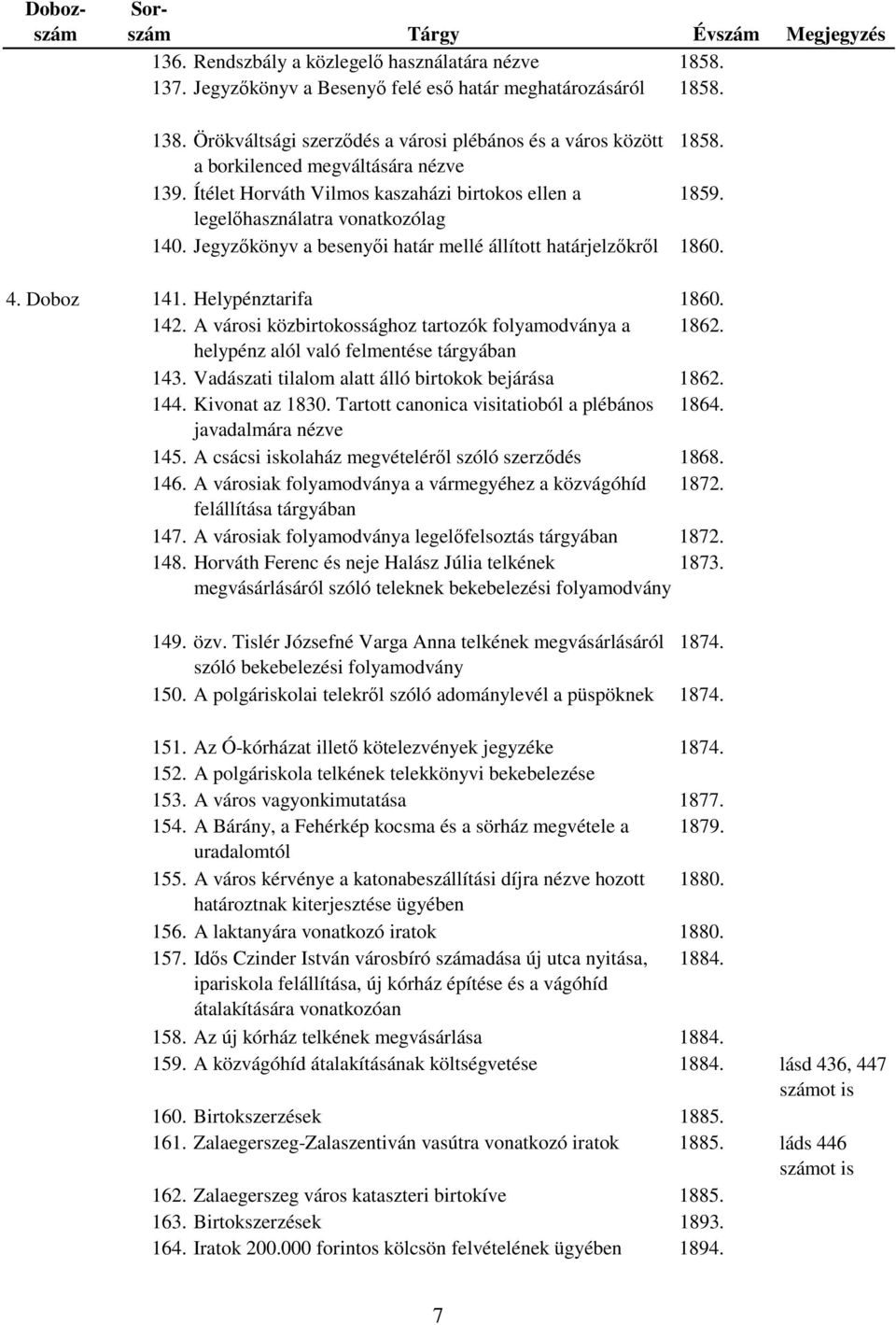 Doboz 141. Helypénztarifa 1860. 142. A városi közbirtokossághoz tartozók folyamodványa a 1862. helypénz alól való felmentése tárgyában 143. Vadászati tilalom alatt álló birtokok bejárása 1862. 144.