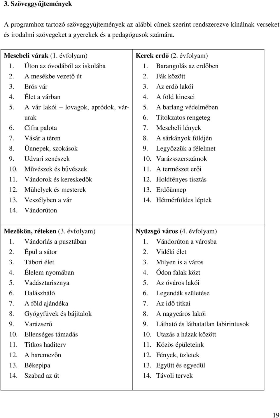 Udvari zenészek 10. Művészek és bűvészek 11. Vándorok és kereskedők 12. Műhelyek és mesterek 13. Veszélyben a vár 14. Vándorúton Kerek erdő (2. évfolyam) 1. Barangolás az erdőben 2. Fák között 3.