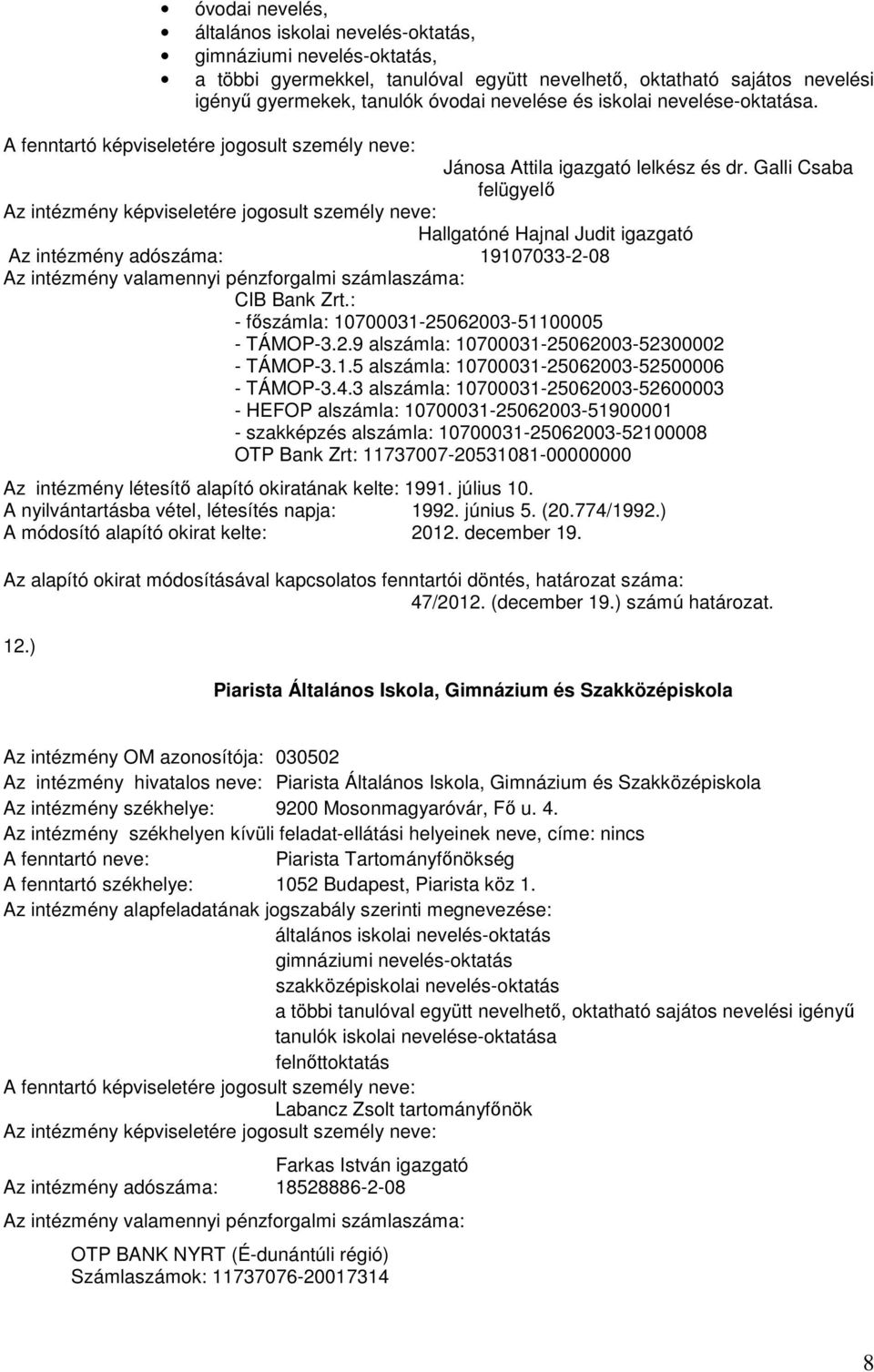 Galli Csaba felügyelő Hallgatóné Hajnal Judit igazgató Az intézmény adószáma: 19107033-2-08 Az intézmény valamennyi pénzforgalmi számlaszáma: CIB Bank Zrt.