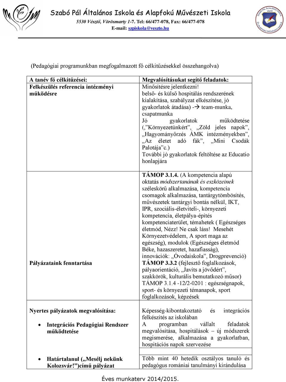 belső- és külső hospitálás rendszerének kialakítása, szabályzat elkészítése, jó gyakorlatok átadása) - team-munka, csapatmunka Jó gyakorlatok működtetése (, Környezetünkért, Zöld jeles napok,