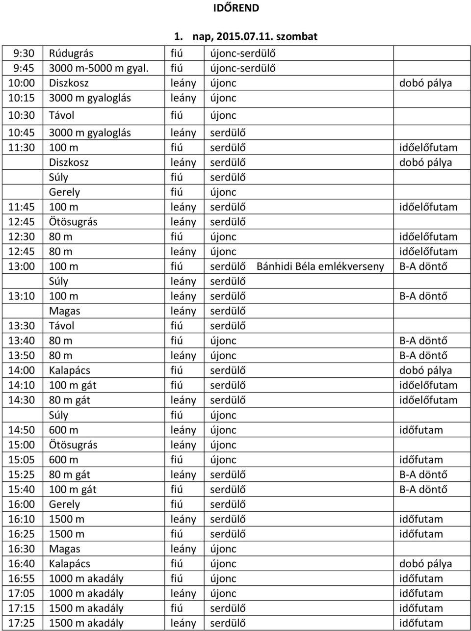 leány serdülő dobó pálya Súly fiú serdülő Gerely fiú újonc 11:45 100 m leány serdülő időelőfutam 12:45 Ötösugrás leány serdülő 12:30 80 m fiú újonc időelőfutam 12:45 80 m leány újonc időelőfutam