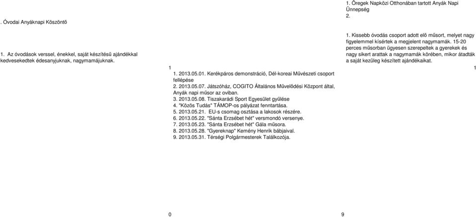 .05.01. Kerékpáros demonstráció, Dél-koreai Művészeti csoport fellépése 2. 2013.05.07. Játszóház, COGITO Általános Művelődési Központ által, Anyák napi műsor az oviban. 3. 2013.05.08.