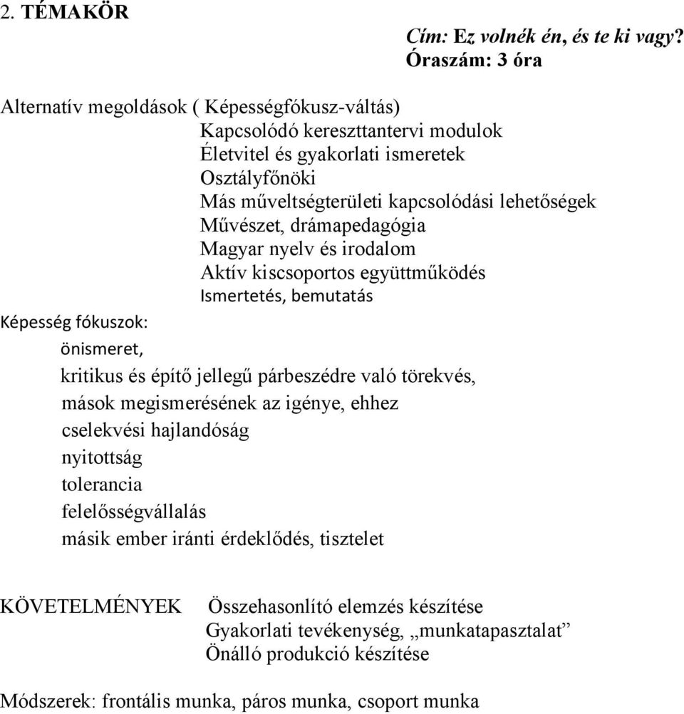 lehetőségek Művészet, drámapedagógia Magyar nyelv és irodalom Aktív kiscsoportos együttműködés Ismertetés, bemutatás Képesség fókuszok: önismeret, kritikus és építő jellegű párbeszédre