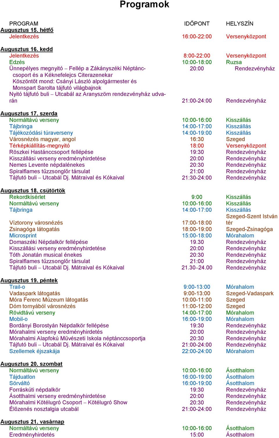 László alpolgármester és Monspart Sarolta tájfutó világbajnok Nyitó tájfutó buli Utcabál az Aranyszöm rendezvényház udvarán 21:00-24:00 Rendezvényház Augusztus 17.